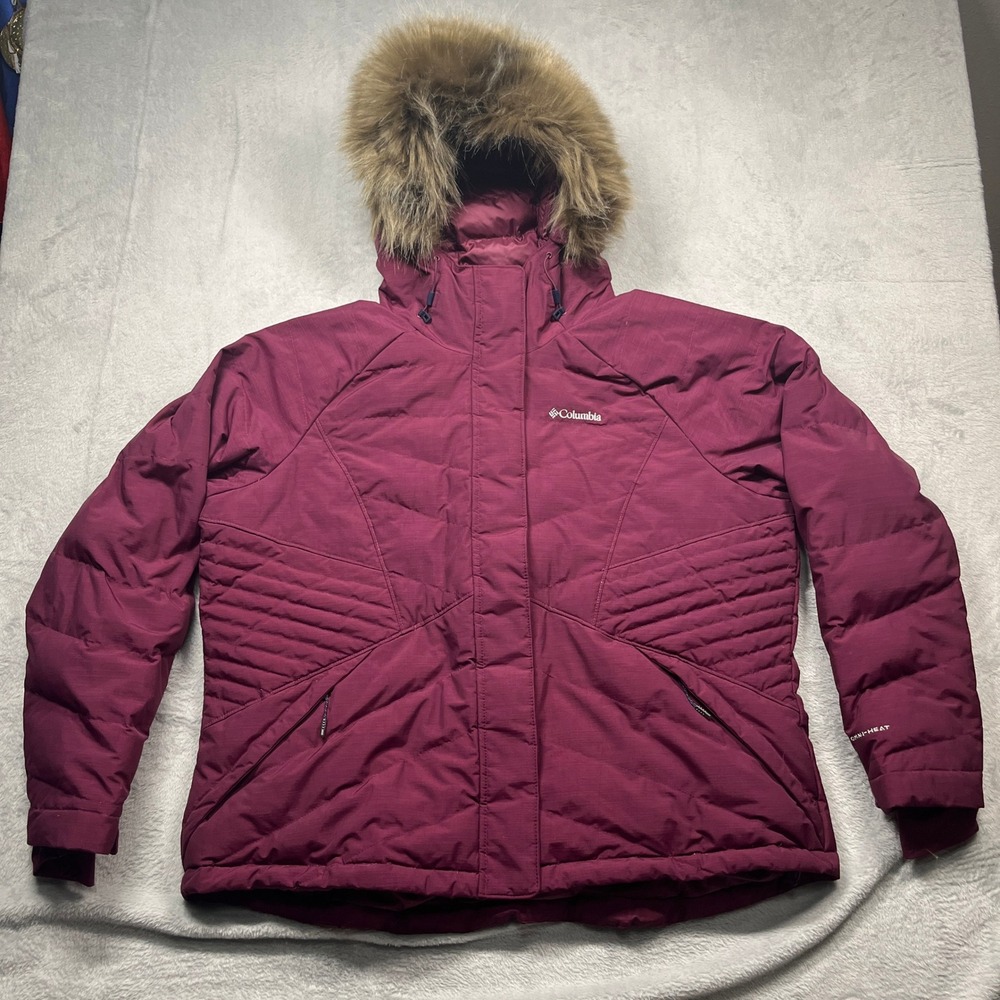 Columbia 550TD Down Puffer Coat Women Maroon Omni-Heat Infinity Faux Fur 2XL